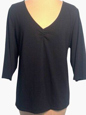 Eileen Fisher Black Ruched V Neck Top XL 3/4 Sleeve Stretch Minimalist